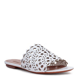 White leather laser-cut slide sandals