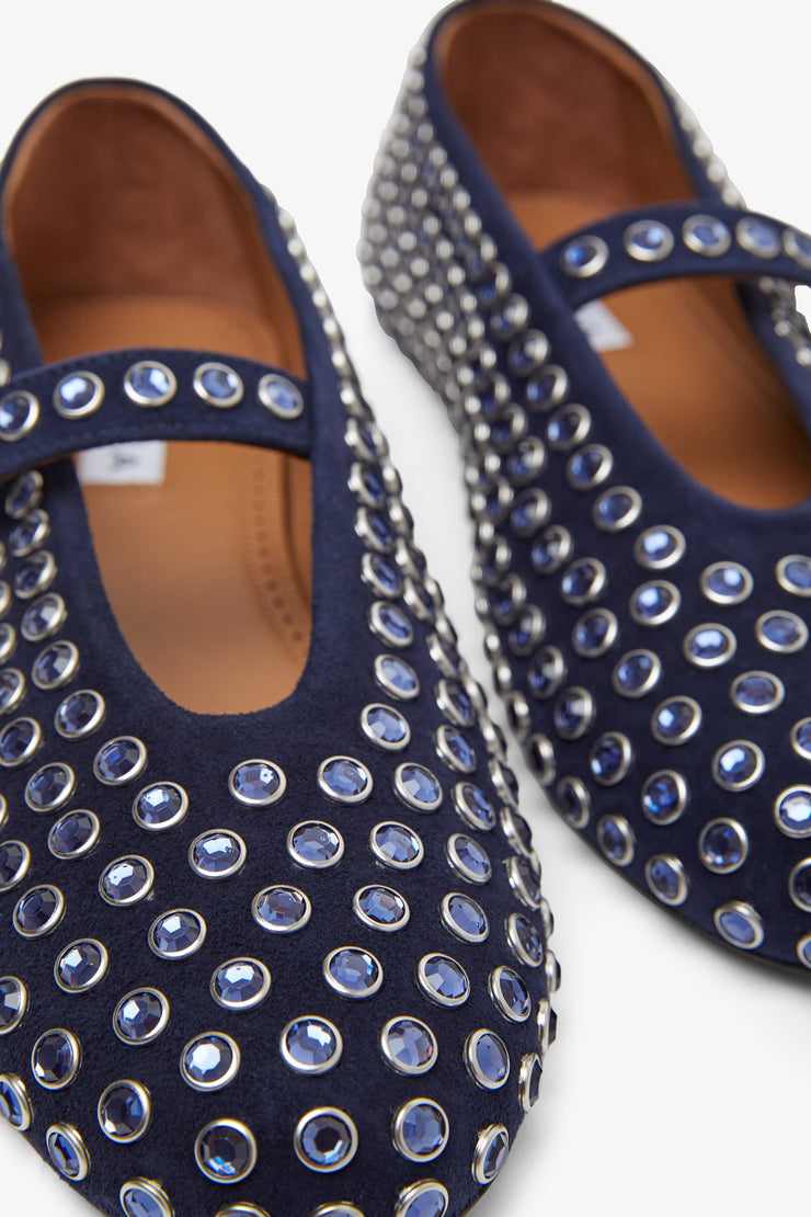 Embellished blue suede ballet flats