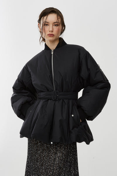 Belted black bomber jacket