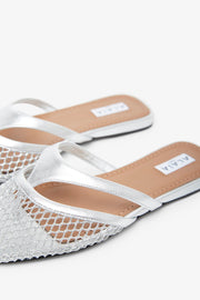 Silver mesh mule flats