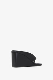 Black satin tong wedge sandals