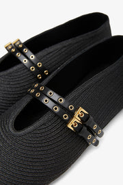 Paper straw black ballet flats