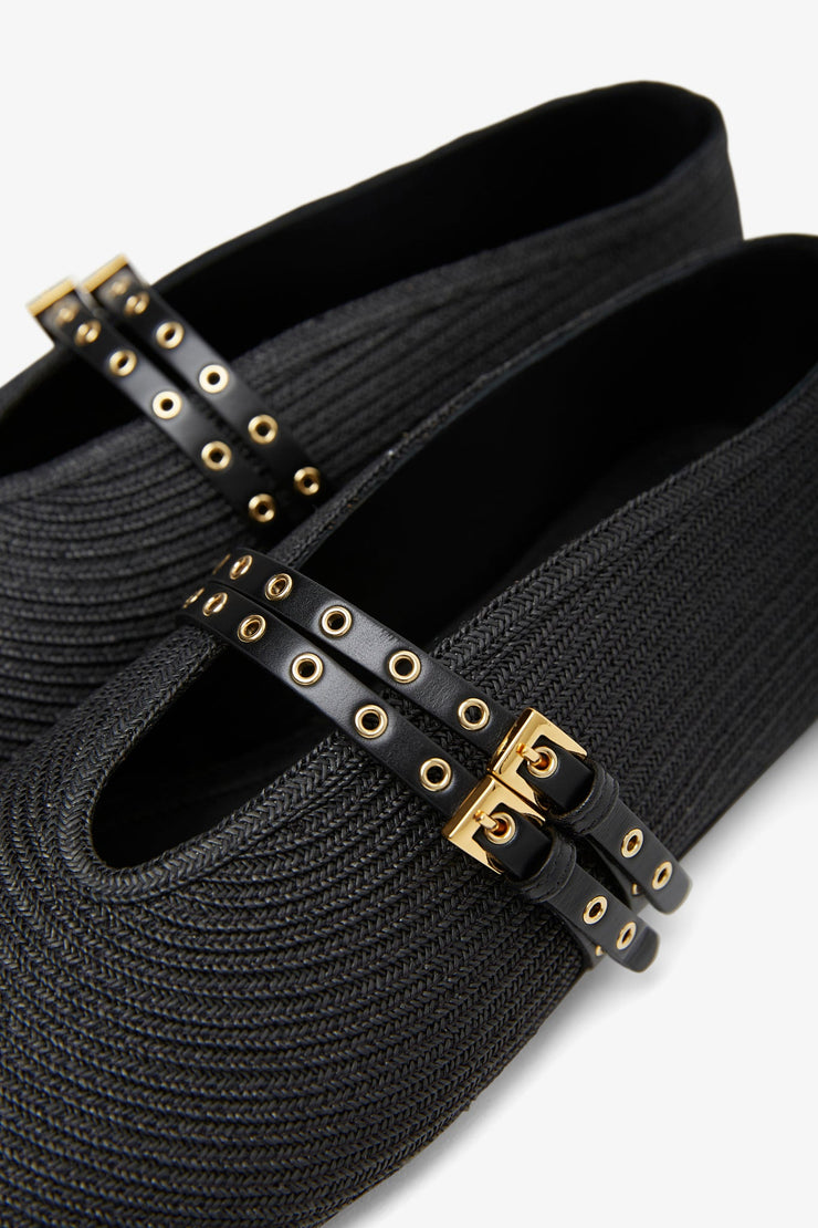 Paper straw black ballet flats