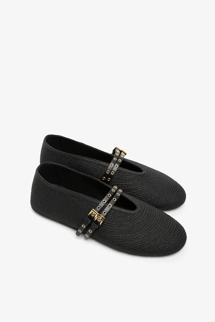 Paper straw black ballet flats
