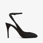 Black high-heeled shoe on a white background