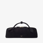 Black handbag with gold accents on a white background
