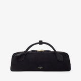 Black handbag with gold accents on a white background