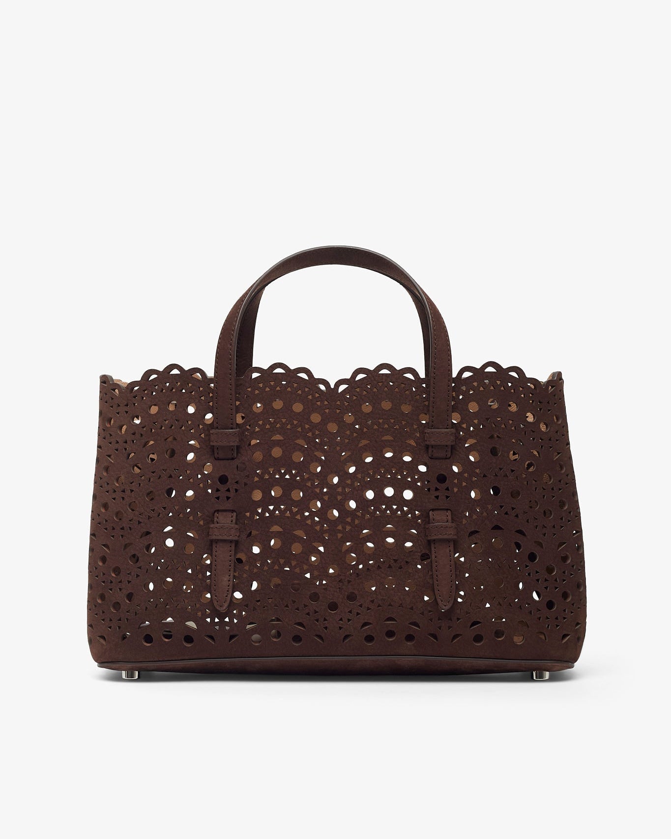 Brown laser-cut handbag on a white background