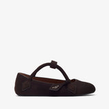 Brown flat shoe with a bow on a white background