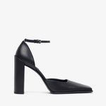 Black high-heeled shoe with ankle strap on a white background
