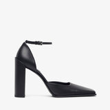 Black high-heeled shoe with ankle strap on a white background