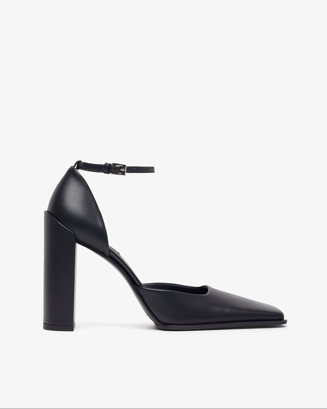 Black high-heeled shoe with ankle strap on a white background