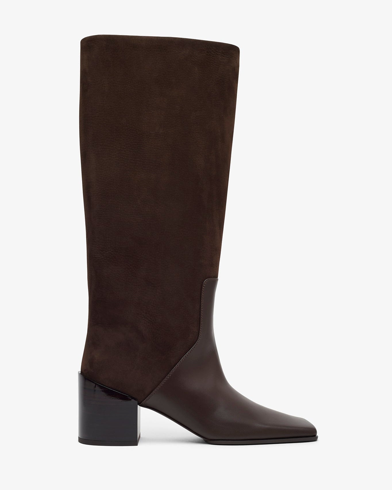 Brown knee-high boot on a white background