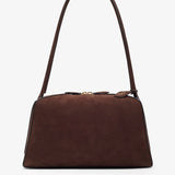 Brown handbag with a strap on a white background