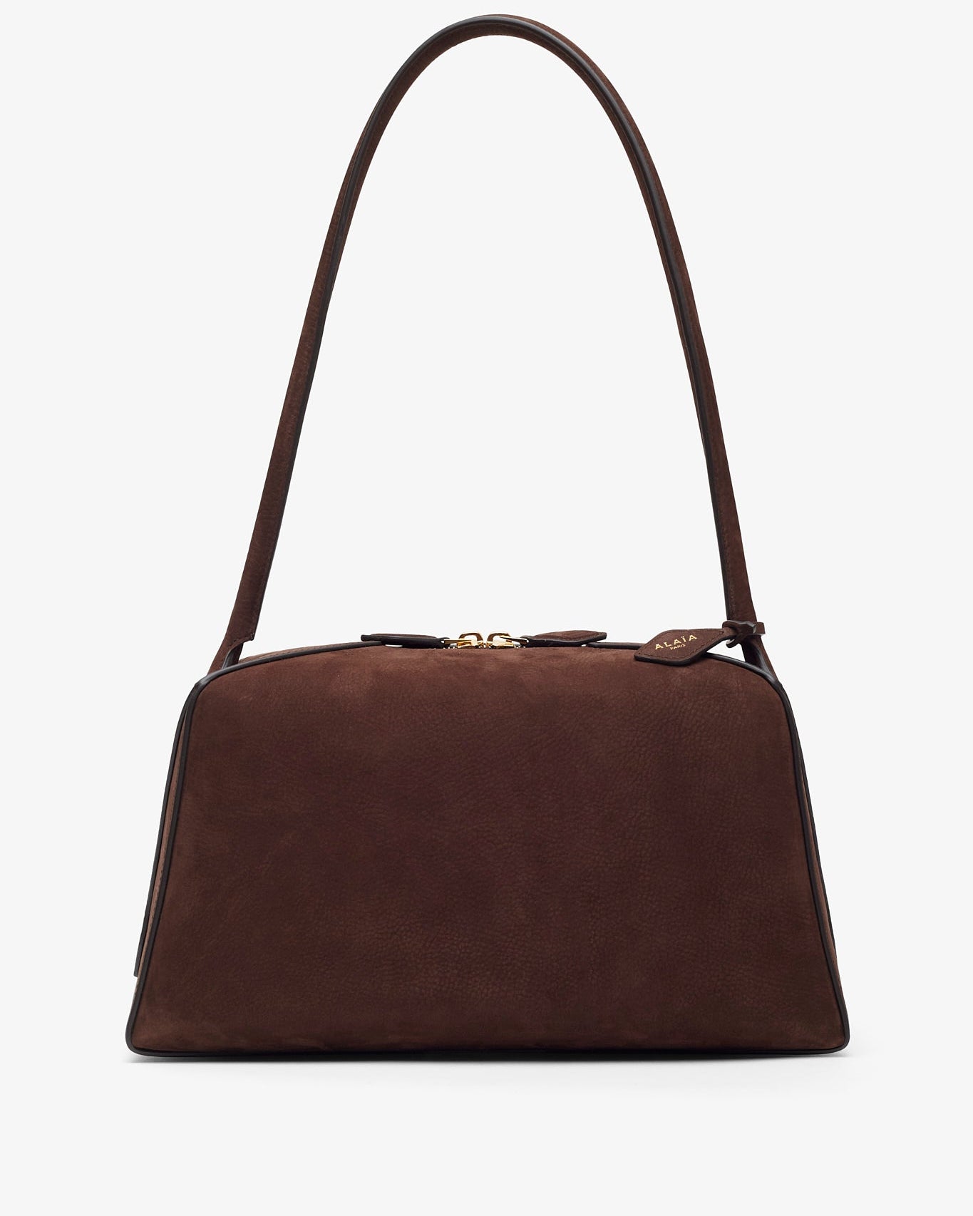 Brown handbag with a strap on a white background