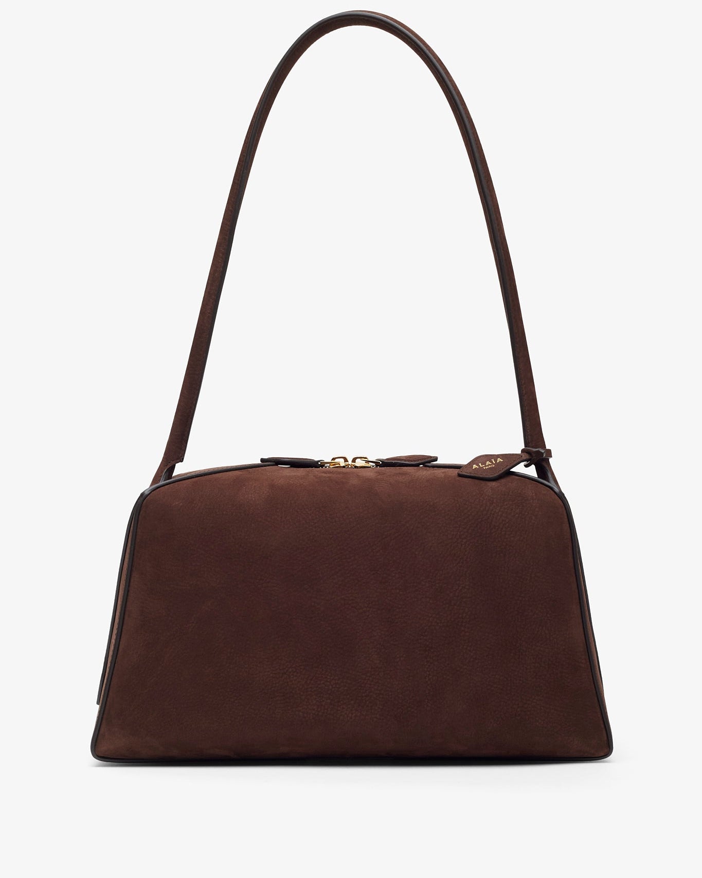Brown handbag with a strap on a white background