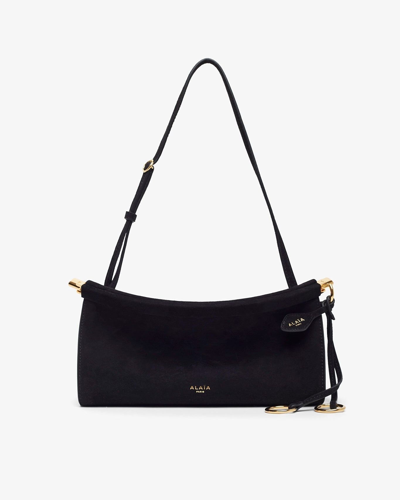 Black handbag with gold accents on a white background