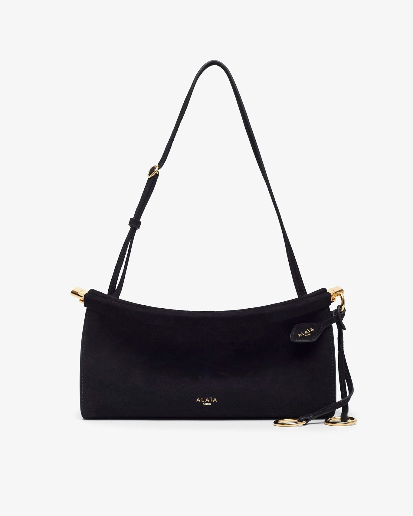 Black handbag with gold accents on a white background
