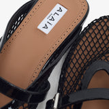 Patent black mesh mule flats