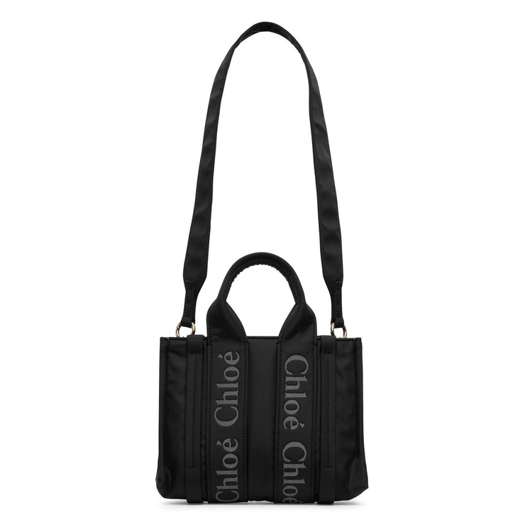 Woody small black nylon tote bag