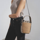 Woody braided grey raffia bucket bag