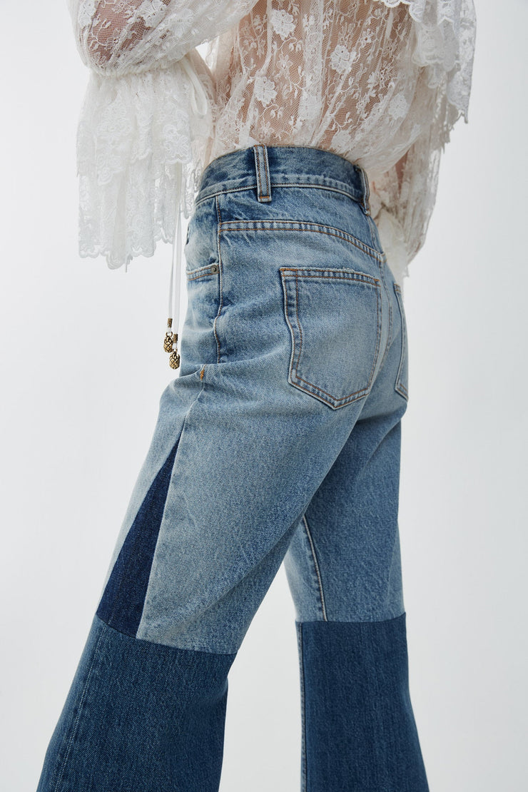 Flared patchwork jeans in denim