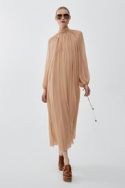 Mock-neck gathered long dress in silk georgette