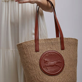 Horse medal brown raffia basket bag