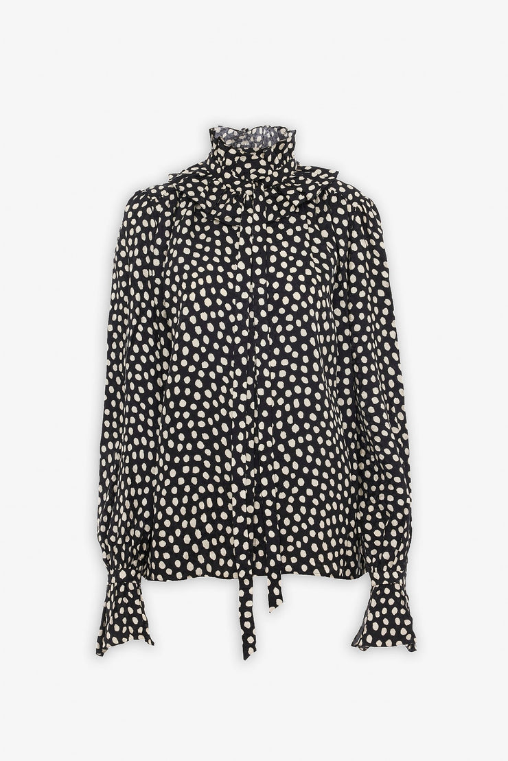 Polka dot high neck silk blouse
