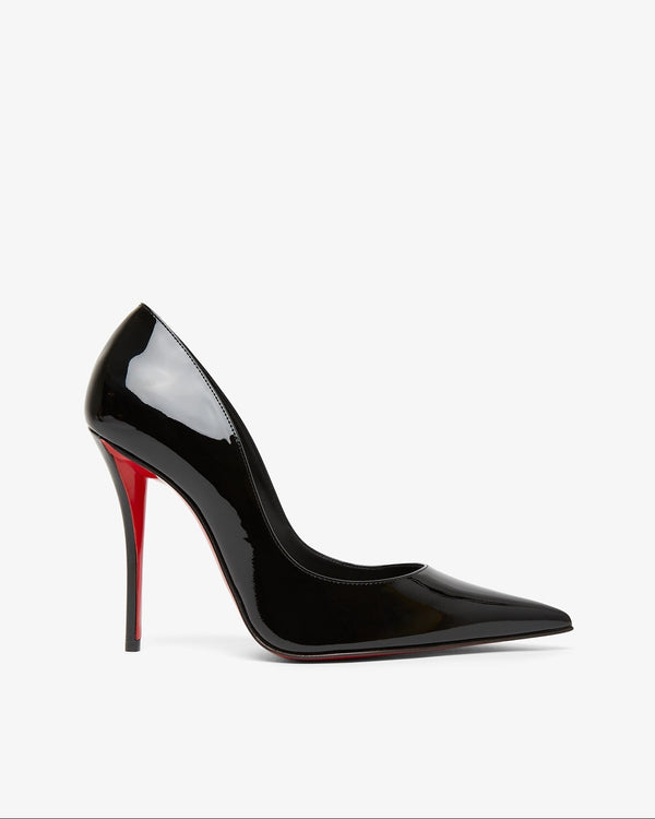 Black high-heeled shoe with red sole on a white background
