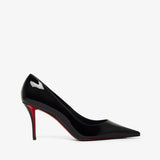 Black high-heeled shoe with red sole on a white background