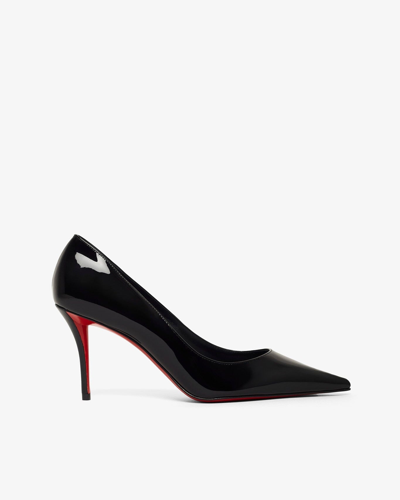 Black high-heeled shoe with red sole on a white background