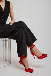 Cassia lace up 100 red satin pumps