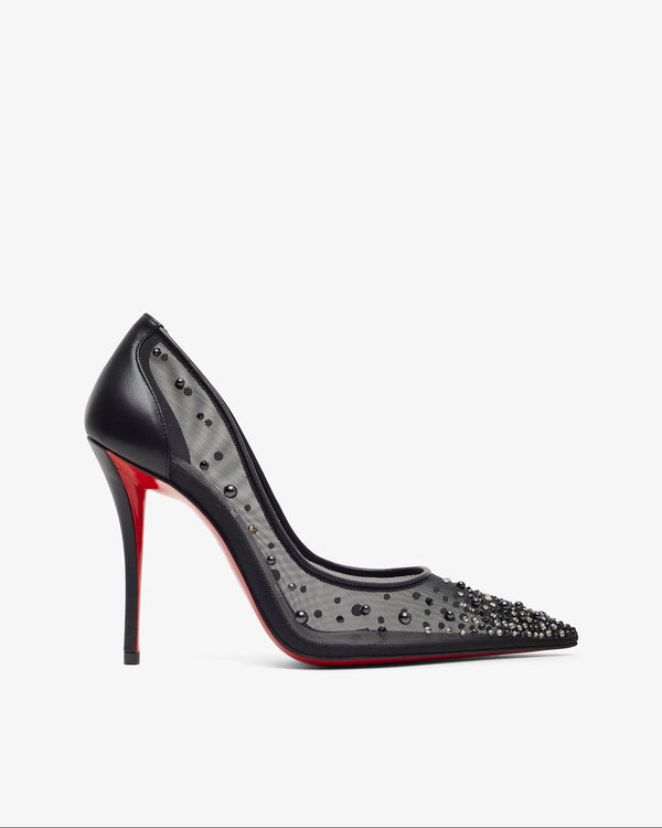 Black high-heeled shoe with red sole on a white background