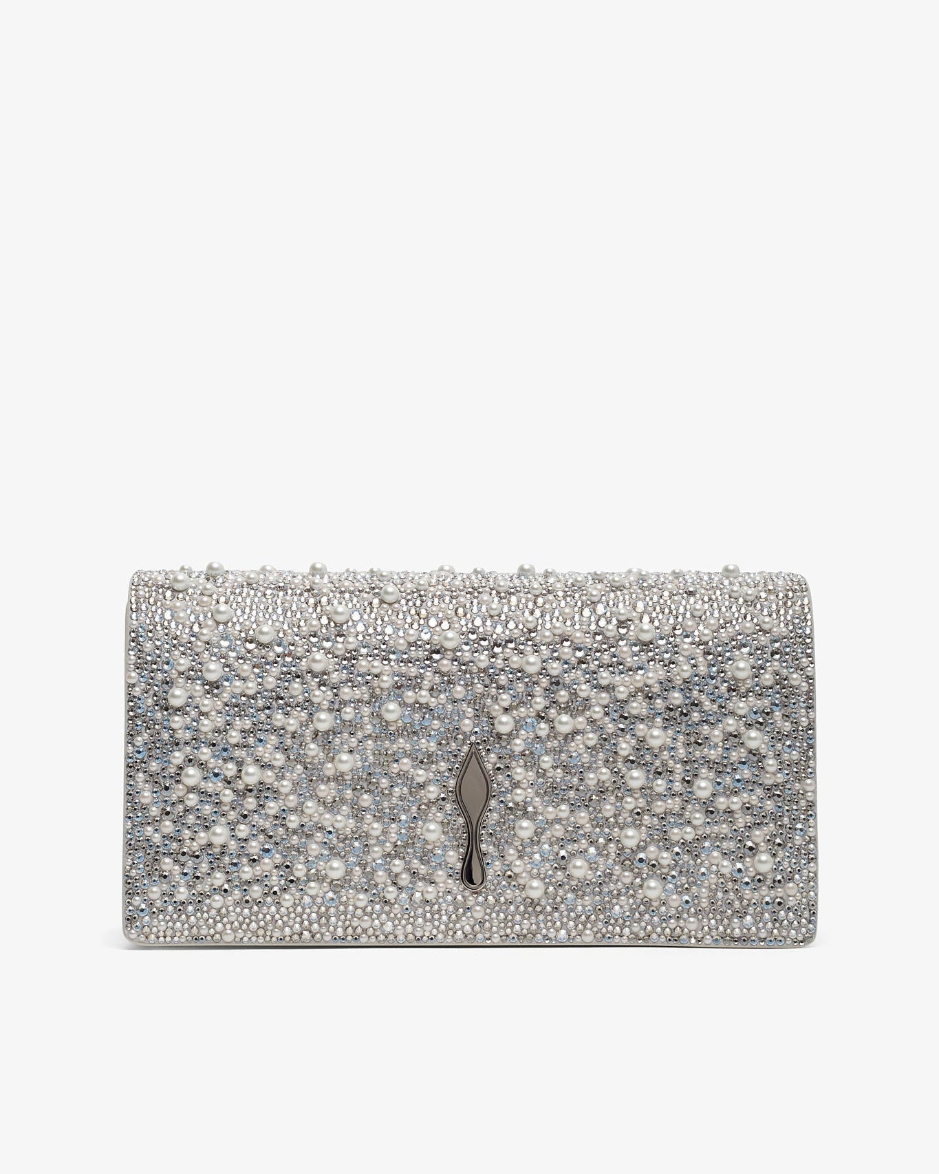 Silver clutch bag with decorative elements on a white background
