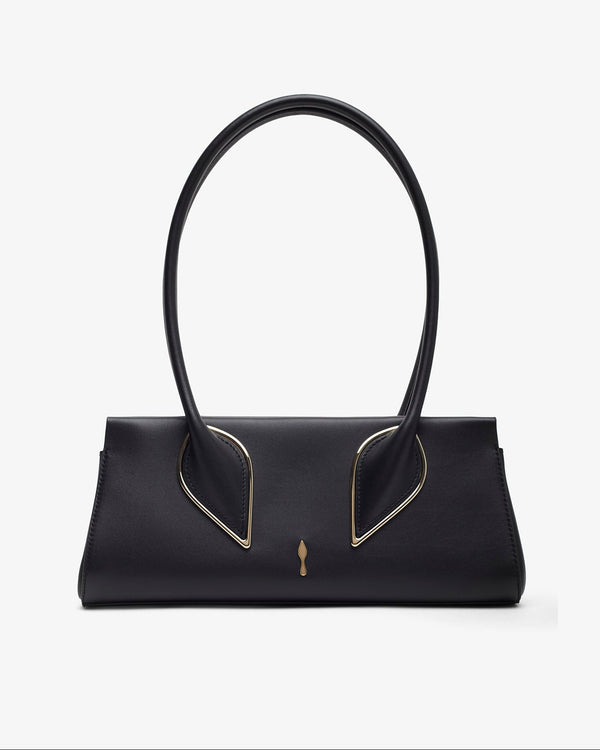 Black handbag with gold accents on a white background