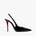 Black high-heeled shoe with red interior on a white background