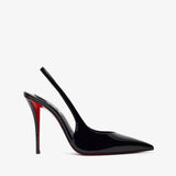 Black high-heeled shoe with red interior on a white background