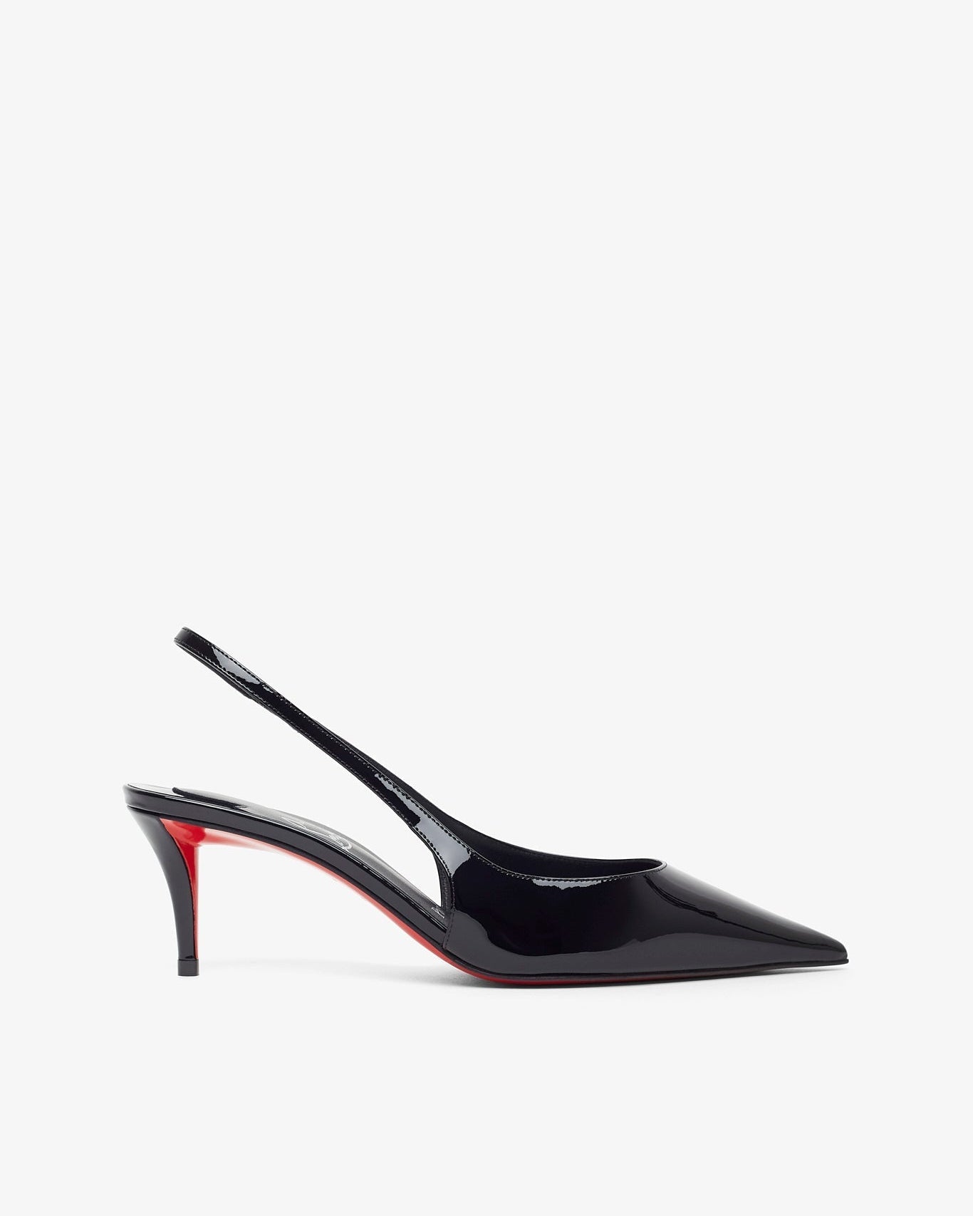 Black high-heeled shoe with red sole on a white background
