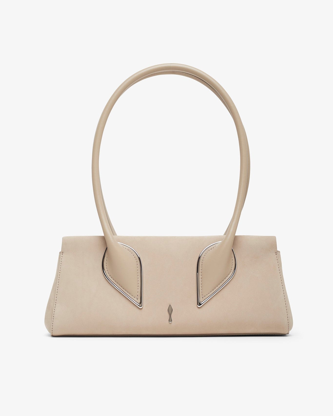 Beige handbag with unique handle design on a white background