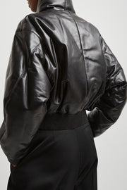 Zipped black leather bomber jacket