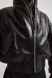Zipped black leather bomber jacket