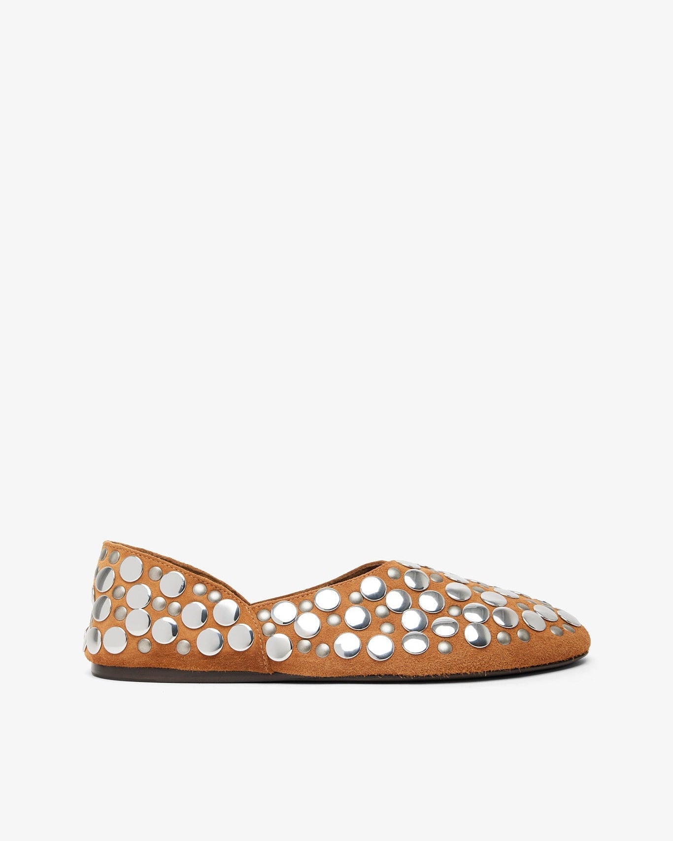 Tan flat shoe with white embellishments on a white background