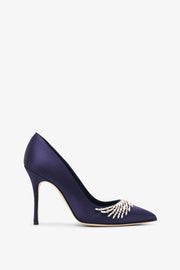 Pluma 105 navy satin jewelled pumps