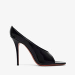 Black high-heeled shoe on a white background