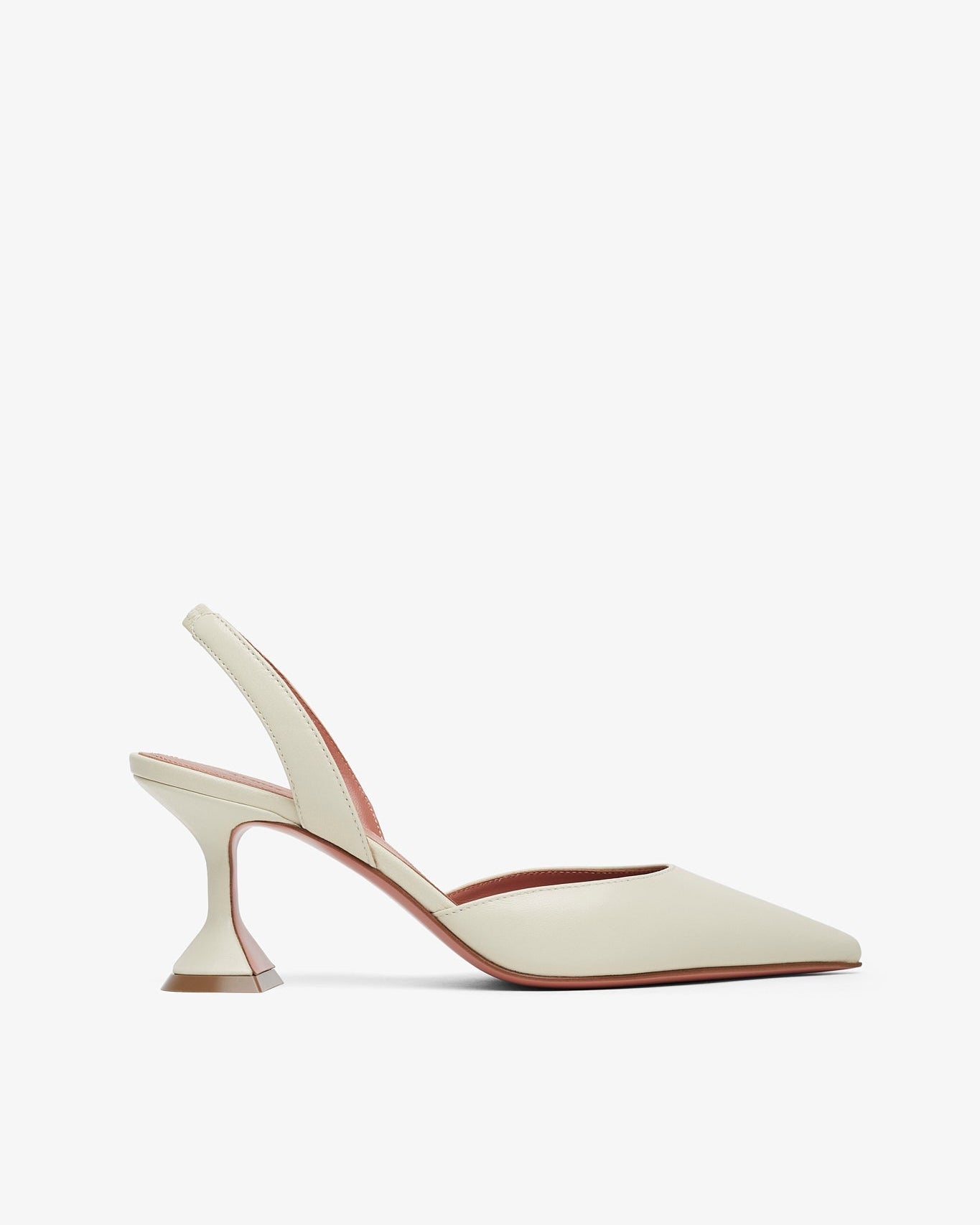 White high-heeled shoe with a minimalist design on a white background