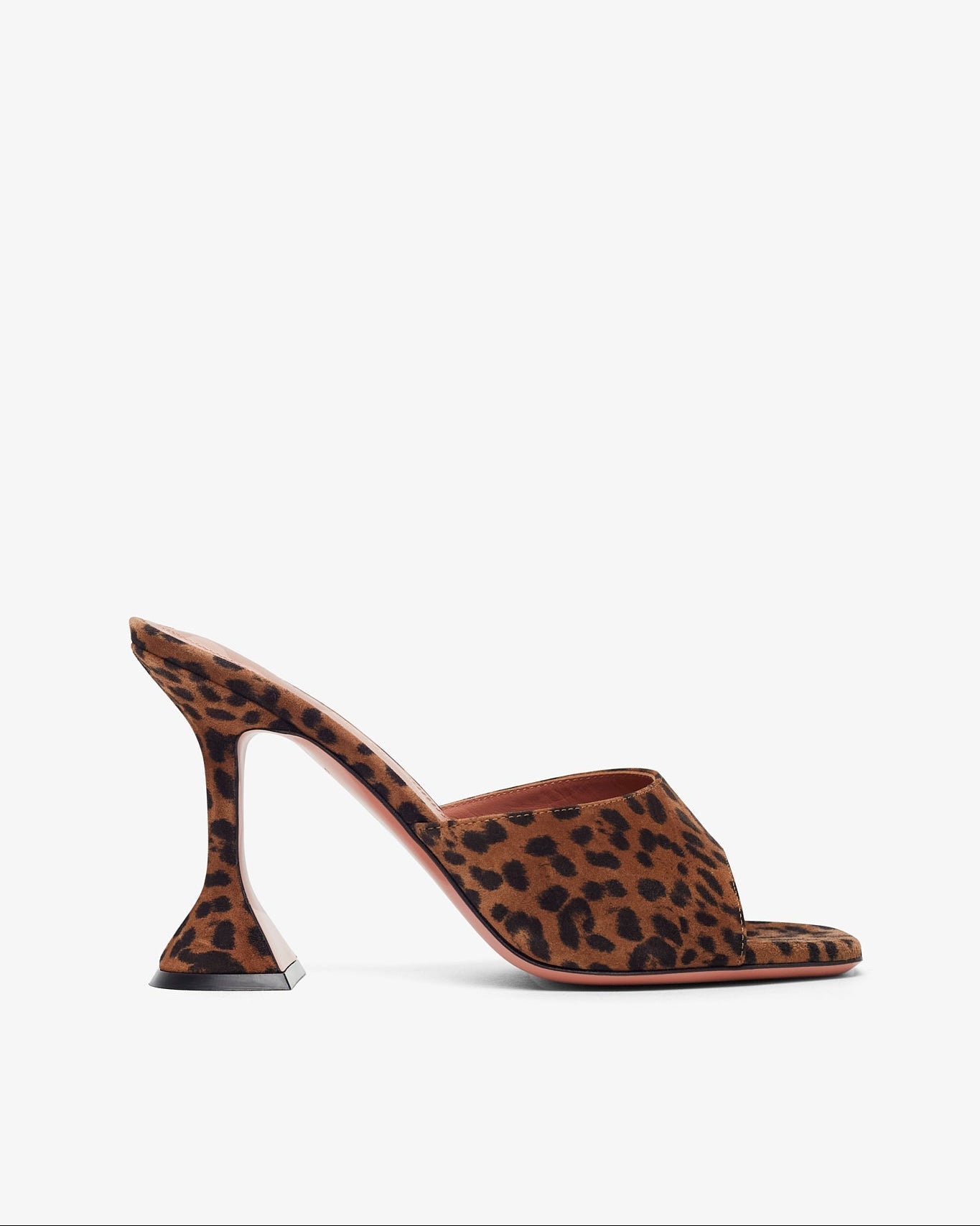 Leopard print high-heeled shoe on a white background