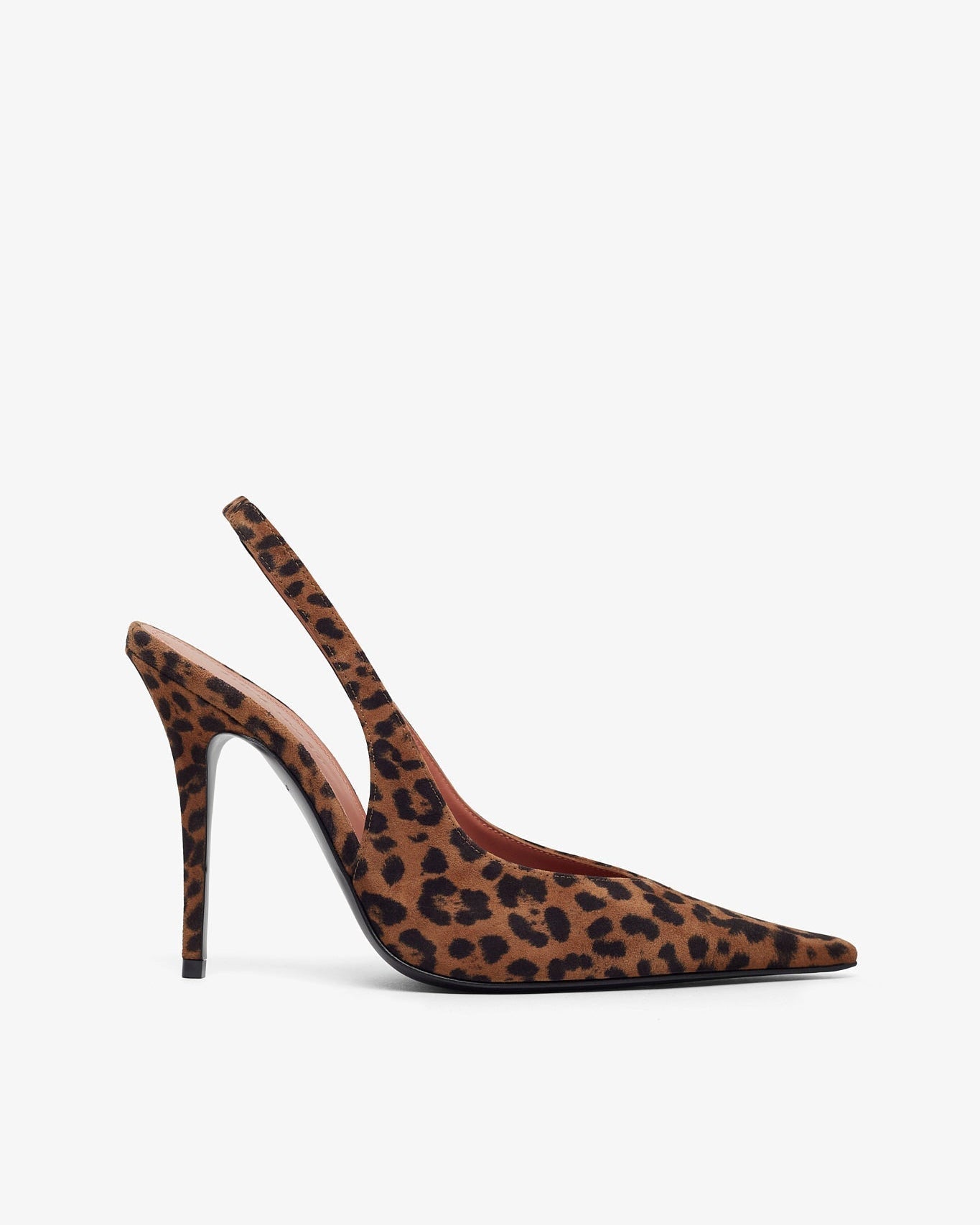 Leopard print high-heeled shoe on a white background
