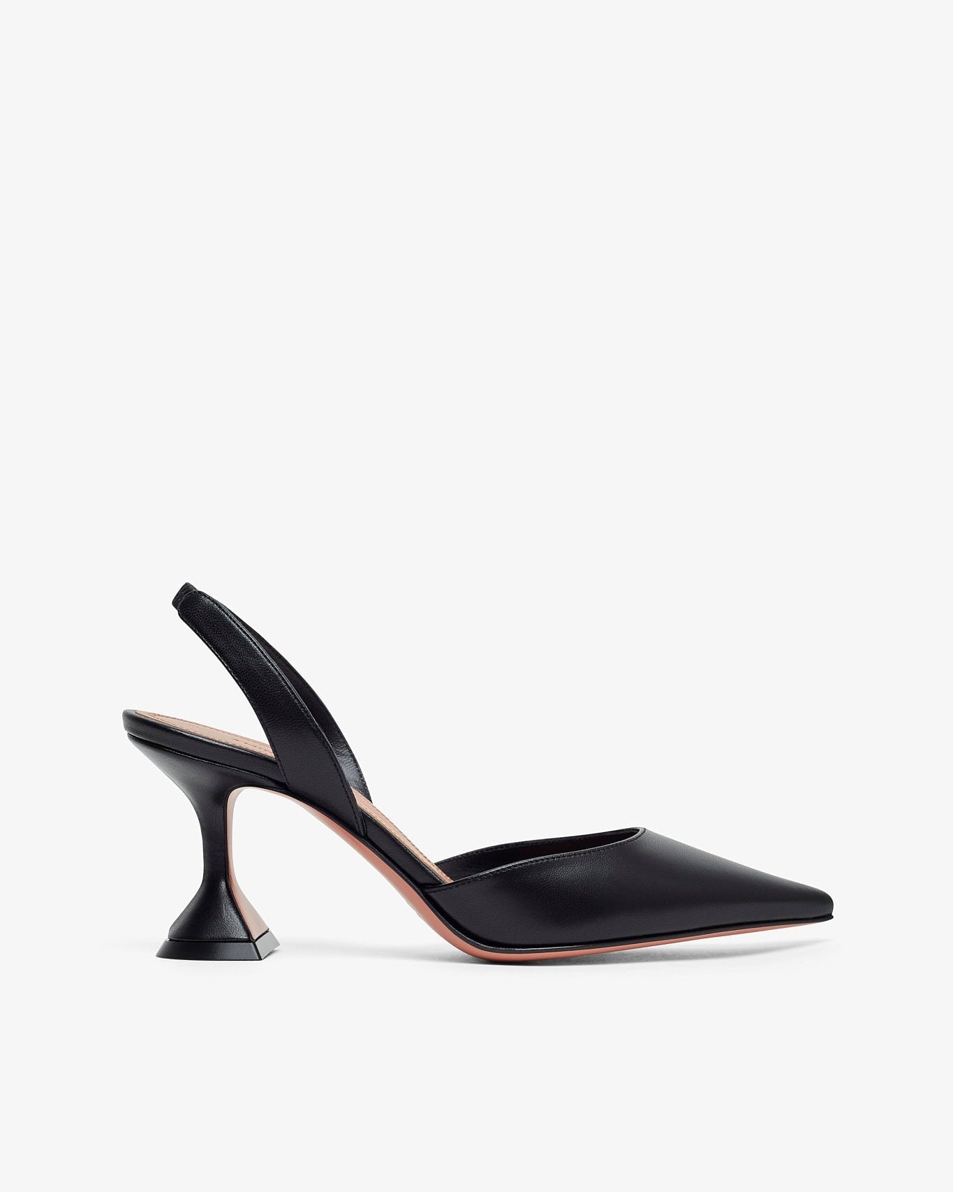Black high-heeled slingback shoes on a white background