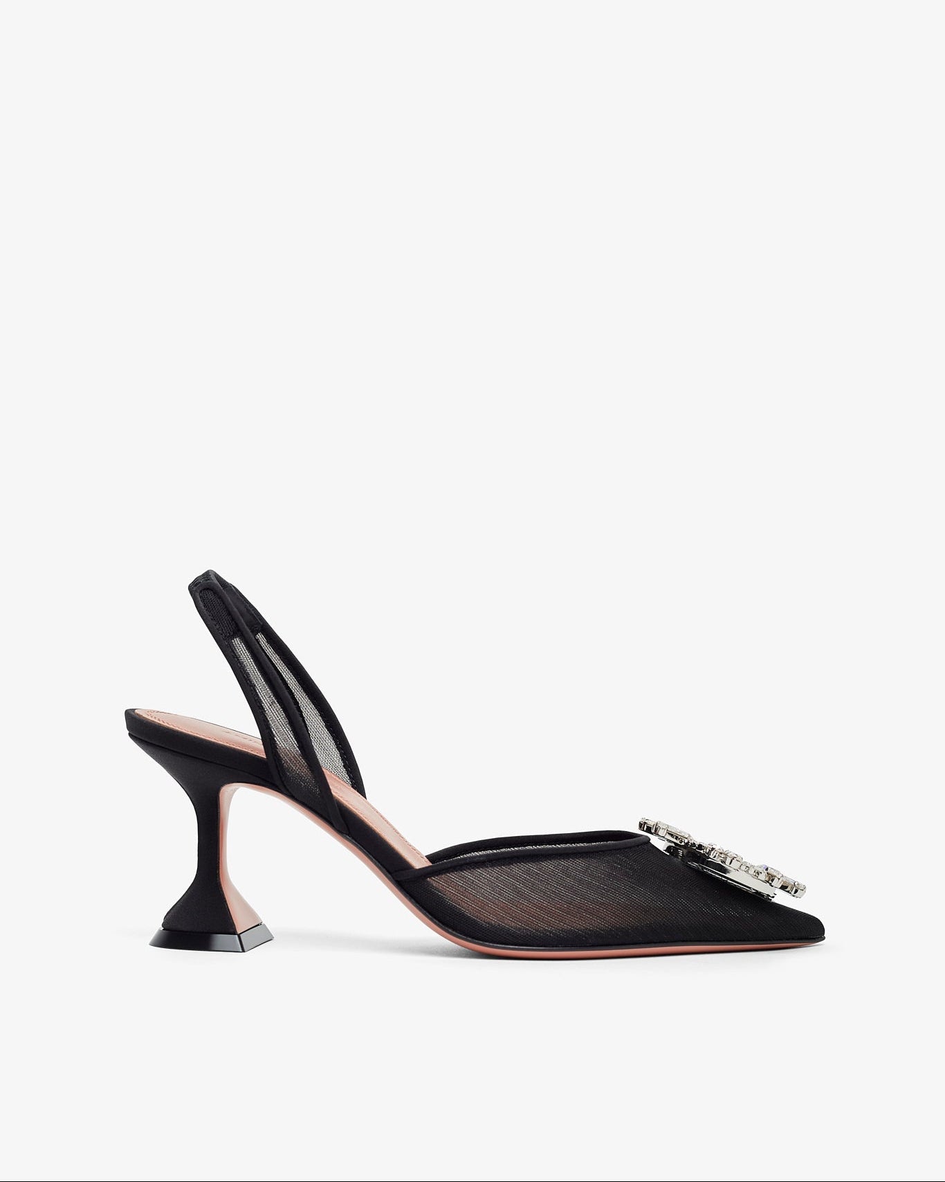Black high-heeled shoe with a thin strap on a white background